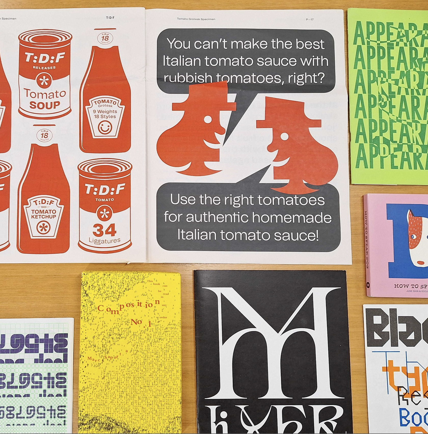 A flat-lay of various type specimens at Southbank library.